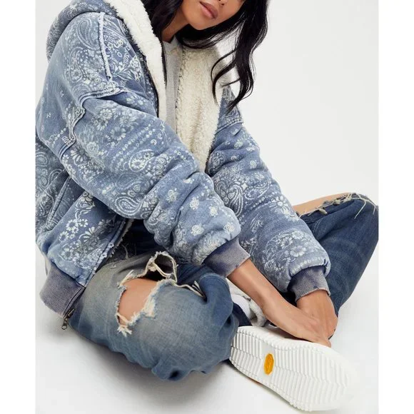 Free People Blue Paisley Sherpa Bomber Jacket - Picture 3 of 6
